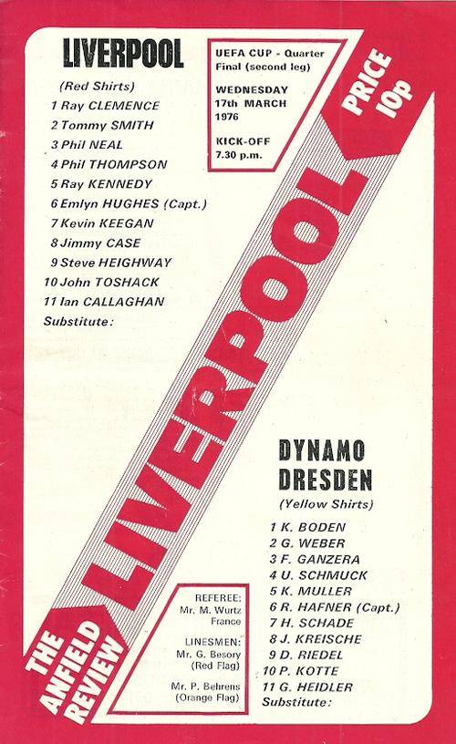 Liverpool v Dynamo Dresden ( East Germany ) 1975/76 UEFA Cup 1/4 Final 2nd Leg Match Programme