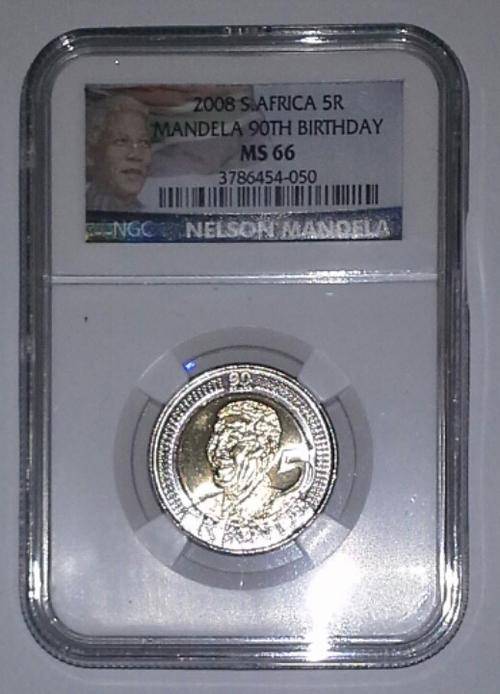 2008 Mandela 90th Birthday R5 Coin NGC Graded MS66 ( Mandela Label )