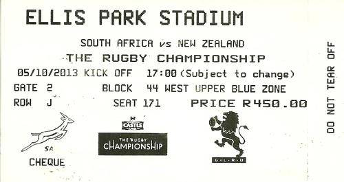 South Africa v New Zealand 2013 Rugby Championship Match Ticket