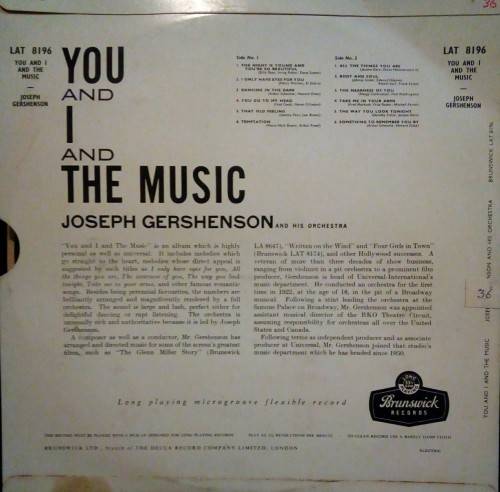 Joseph Gershenson and his Orchestra - You and I And The Music LP Vinyl Record