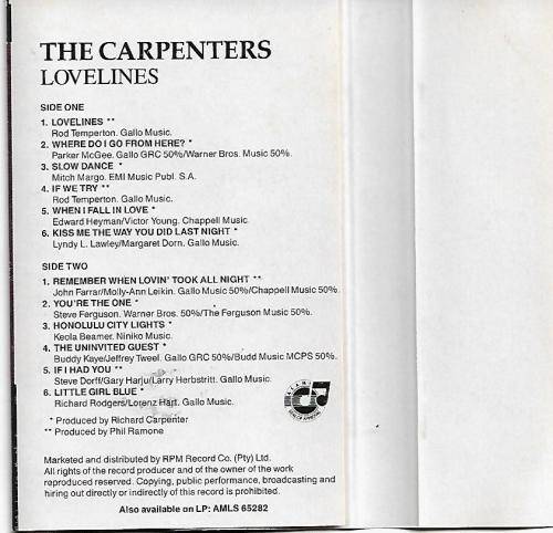 The Carpenters - Lovelines Cassette Tape