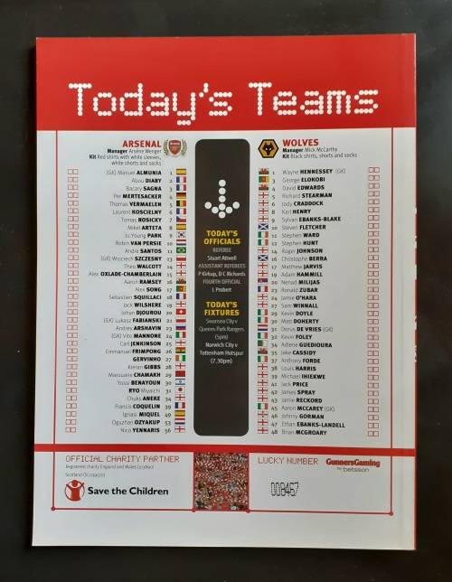 Arsenal vs Wolverhampton Wanderers 2011/12 Premier League Match Programme