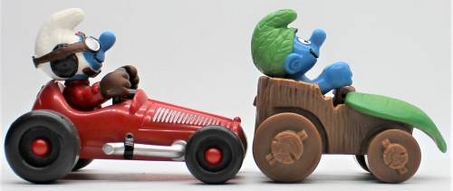 40255 and 40264 - SuperSmurfs - Red Racing Car and Wild in Leaf Car - Hand-Painted Originals