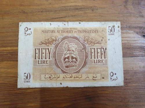 Military Authority in Tripoltania 50 Lire note. Please see pictures for condition.