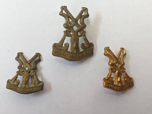 South African Regiment Christiaan Beyers cap and collar badges. Cap one post cut and one collar.