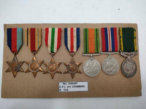 Full Size WWII British group with Efficiency medal to 7895657 Cpl. A.H. Crimmins Royal Tanks.