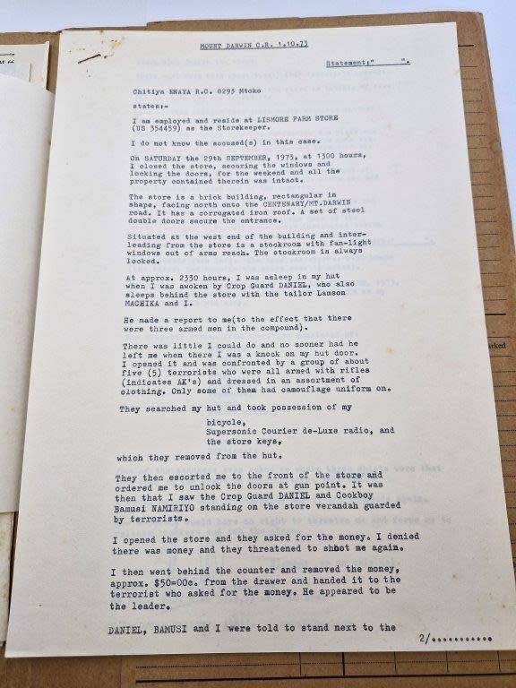 Original Rhodesian BSAP Docket for robbery and abduction at Lismore Farm store in Mount Darwin