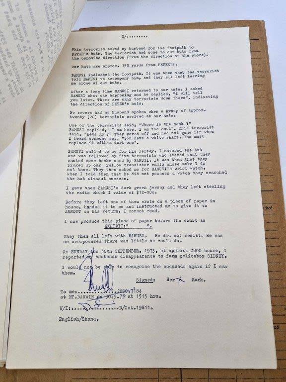 Original Rhodesian BSAP Docket for robbery and abduction at Lismore Farm store in Mount Darwin