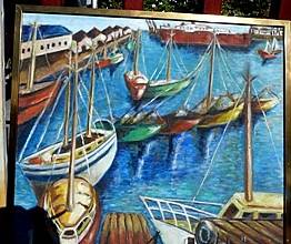 CHARMING HARBOUR SCENE,SIGNED BY ARTIST.OIL ON BOARD,IN BRASS FRAME