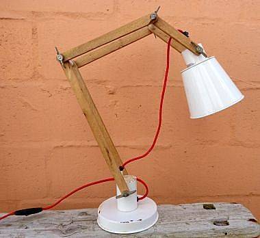 VINTAGE DESK LAMP WITH WOODEN ARMS, ADJUSTABLE AND IN WORKING CONDITION