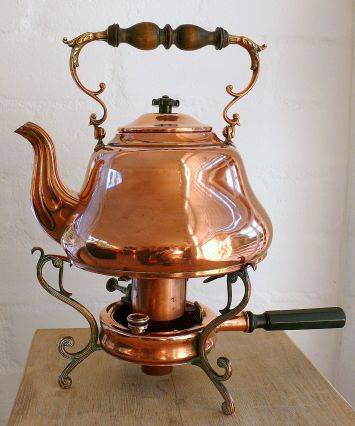 ANTIQUE COPPER TEAPOT WITH STAND AND SPIRIT BURNER