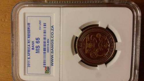 HIGH GRADE.ms 65 2011 S.A.R.B. five rand.1st BID SECURES COIN
