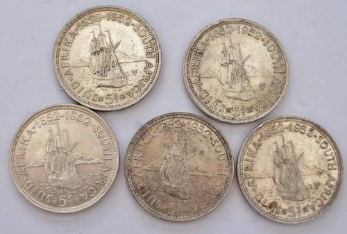 x5 SA Union 5 Shillings/Crowns (1952) - 50% Silver **Bid per coin to take All**