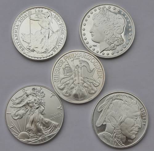 x5 Various 1oz Fine Silver Rounds **Bid per Coin to take All**