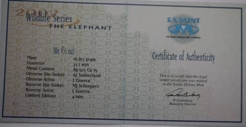 2002 Wildlife Series - The Elephant 1/2 oz Silver in SA Mint Box with COA