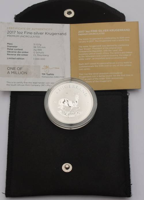 2017 Premium Unc Silver Krugerrand in SA Mint Pouch with COA (Bid per Coin) 3 Available