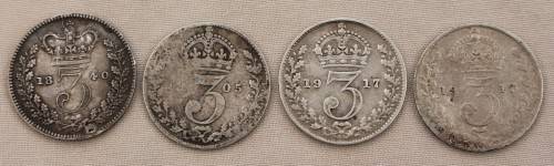 X4 Silver British 3 pence ( Bid per coin to take all )