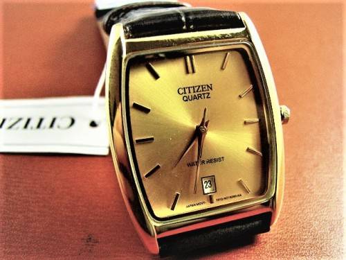 CITIZEN GENTS GOLD DATE WATCH WITH LEATHER STRAP