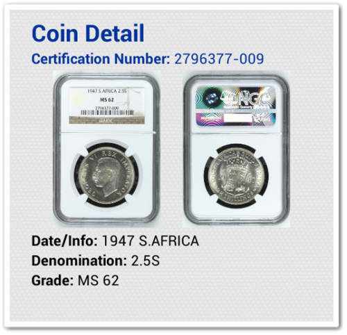 ** RARE 1947 2.5 SHILLING ** NGC MS62 !!! STARTING @ R1