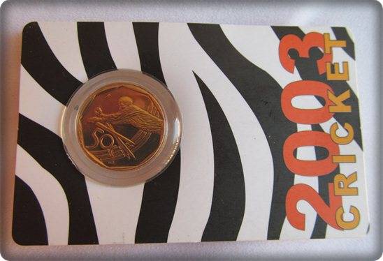 2003 50CENT CRICKET CIRCULATION COIN IN ORIGINAL CARD !! HAVE A LOOK !! STARTING @ R1