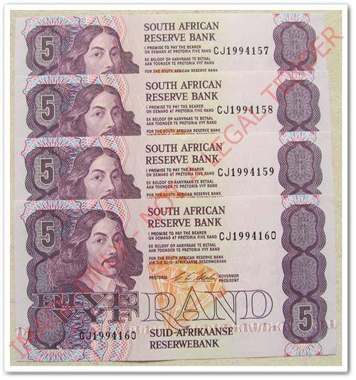 ** SUPURB ** CL. STALS FIVE RAND NOTES !! X4 NOTES IN SERIES  !! ONE LOT !! STARTING @ R1
