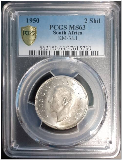UNION OF SA 1950  2 SHILLING  PCGS  MS63 !!! SCARCE !!! R1 START