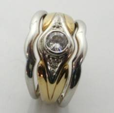 3-Piece 925 Sterling Silver and 9ct Yellow Gold Cubic Zirconia Wedding Set- Size 6.5