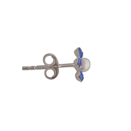 *Genuine Sterling Silver*Blue Crystal and Faux Pearl Flower Stud Earrings