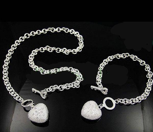 *Necklace and Bracelet Set**With CZ Encrusted Heart and Key Charms**