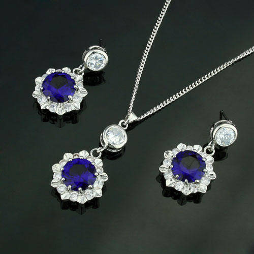 Blue and Clear CubicZirconia Pendant and Earring set with Chain
