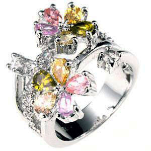 ***PRETTY***Multi Colour CZ Floral Ring***Size 6 - 8**