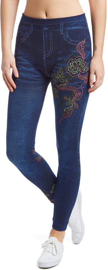 New Ladies Denim Look Slim Skinny Jeans Pants Leggings Floral Random Design