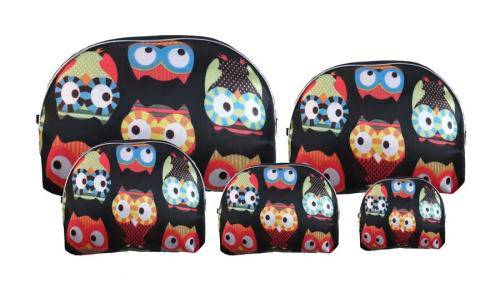 5-Piece Owl Zipper Pouch Bags for Cosmetics, Stationary, Jewelry etc. 5 Bags fit in 1 Bag!