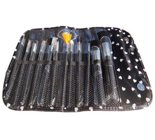 New 12pc MAKE UP BRUSHES SET WITH ROLL UP CARRY CASE - Black & Pink