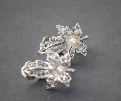 Vintage Silver Marcasite & Pearl Leave Clip-on Earrings