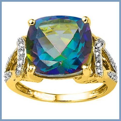 MAGNIFICENT SOLID .925CT STERLING SILVER RING WITH NEPTUNE BLUE MYSTIC TOPAZ AND DIAMONDS