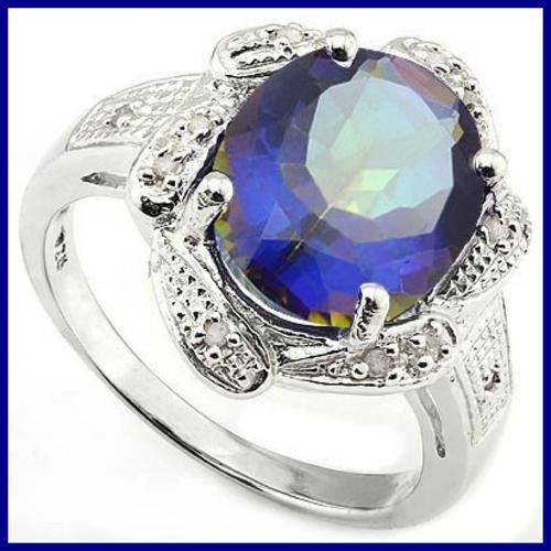 STUNNING SOLID .925CT STERLING SILVER/W.PLATINUM, RING WITH NEPTUNE BLUE MYSTIC TOPAZ AND DIAMONDS