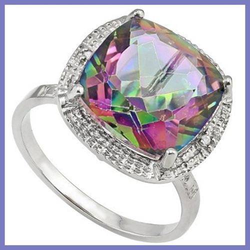 BEAUTIFUL SOLID .925 S. SILVER RING W/PLATINUM / 6.60CT MYSTIC QUARTZ WITH DIAMONDS