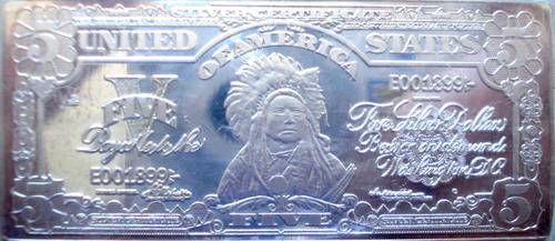 USA  5 DOLLAR BULLION  COPPER - SILVER PLATING BAR 33GR.