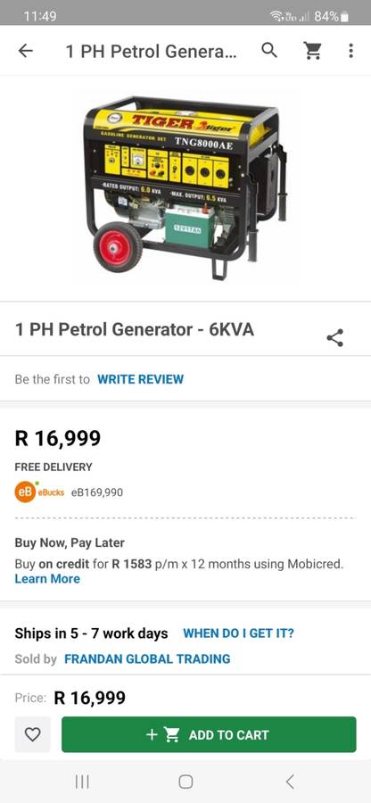 TIGER 1 PH 6KVA GENERATOR, LIKE NEW