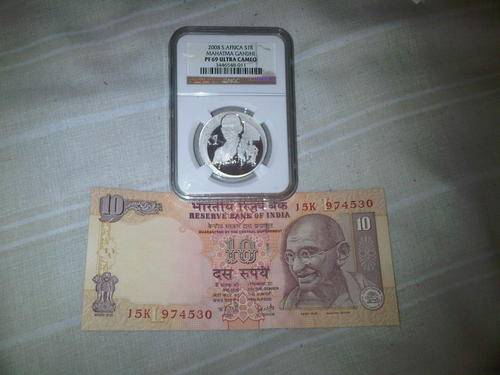 SPECIAL***Mahatma Ghandi 2008 Silver R1 Protea PROOF Ultra Cameo PF69 and Indian Rs 10 NOTES*** !!!