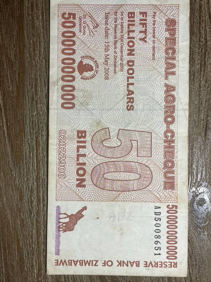 Zimbabwe  ***  50 Billion  ***  2008 special Agro Cheque  ***  Very collectable