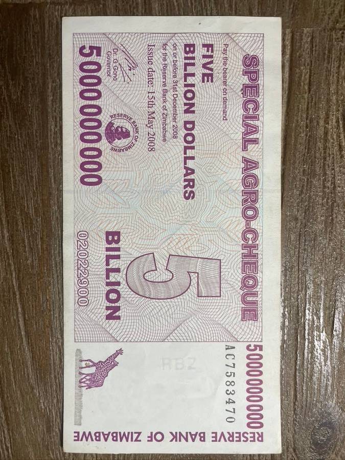 Zimbabwe  ***  5 Billion  ***  2008 special Agro Cheque  ***  Very collectable