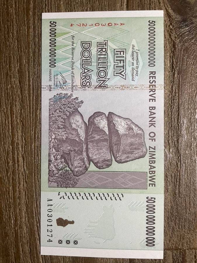 Zimbabwe  ***  $50 TRILLION  ***  2008 issue   ***  very elusive and think it is a good investment