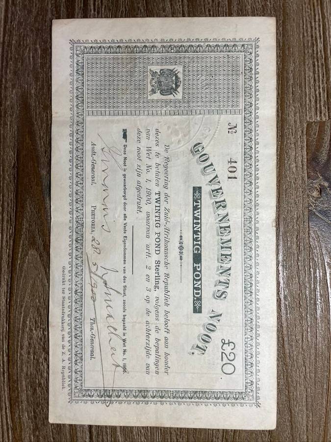 ZAR Government war note   *  20 pond issue 1900  *  Pretoria  *  no tears noted
