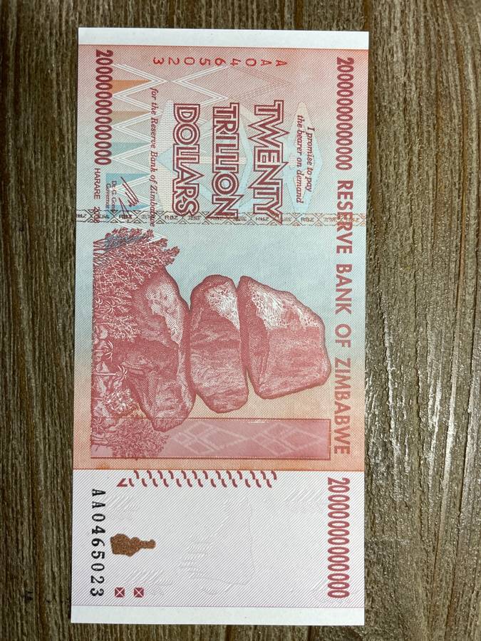 Zimbabwe *** 2008 **** 20 trillion dollars *** elusive notes, going up in price