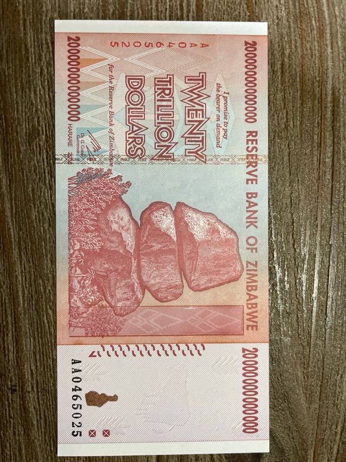 Zimbabwe *** 2008 **** 20 trillion dollars *** elusive notes, going up in price