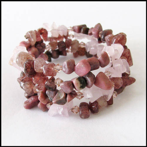 'Love' Memory Wire Bracelet (with rose quartz, red aventurine & rhodonite)