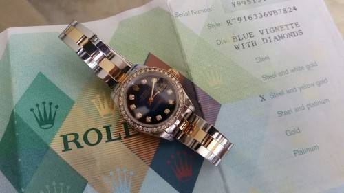 Rolex Lady Datejust Gold Steel Blue Vignette Diamond Dial & Diamond Bezel 79163 18k/SS Oyster Strap