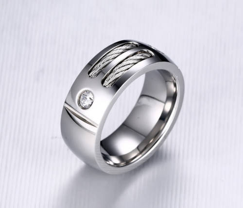 Men's Ring - Stainless Steel With Wire - 2 x Cubic Zirconia's - Size S